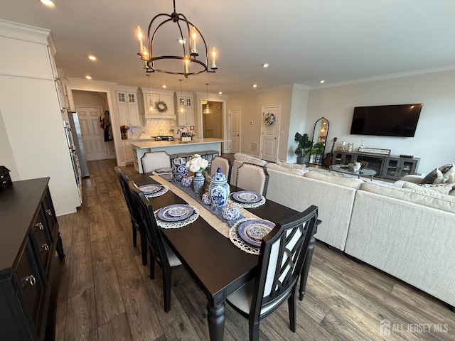 3504 Charleston Dr, Monroe, NJ 08831 - dining area with a chandelier, dark wood finished floors, recessed lighting, and ornamental molding