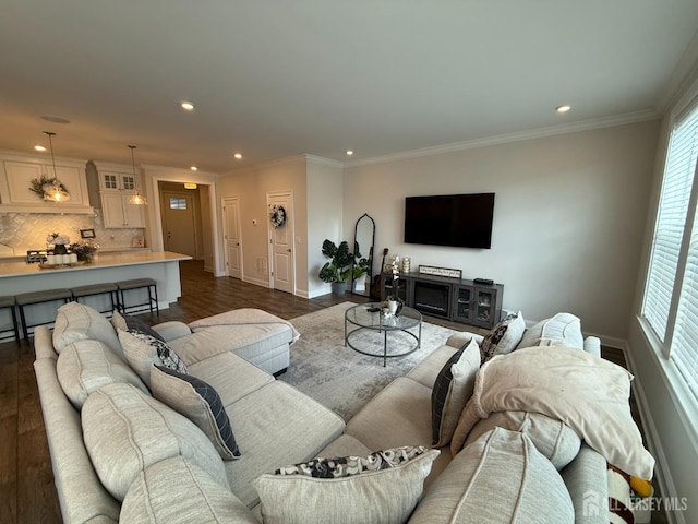 3504 Charleston Dr, Monroe, NJ 08831 - living area with recessed lighting, baseboards, dark wood finished floors, and crown molding
