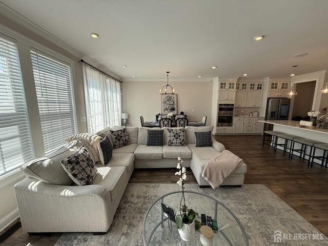 3504 Charleston Dr, Monroe, NJ 08831 - living area with dark wood-type flooring, a chandelier, ornamental molding, recessed lighting, and baseboards