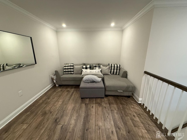 3504 Charleston Dr, Monroe, NJ 08831 - living room with dark wood-style floors, ornamental molding, recessed lighting, and baseboards
