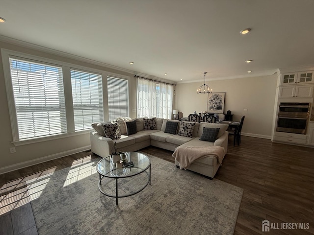 3504 Charleston Dr, Monroe, NJ 08831 - living area with ornamental molding, baseboards, a chandelier, dark wood-type flooring, and recessed lighting
