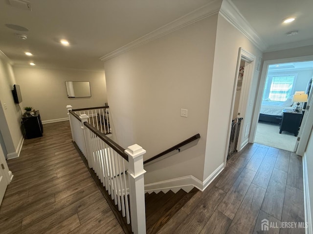 3504 Charleston Dr, Monroe, NJ 08831 - hallway featuring an upstairs landing, dark wood finished floors, ornamental molding, baseboards, and recessed lighting