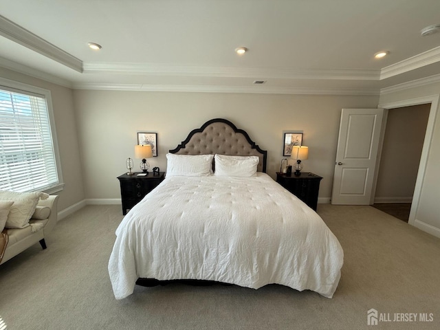 3504 Charleston Dr, Monroe, NJ 08831 - bedroom featuring a raised ceiling, light carpet, crown molding, baseboards, and recessed lighting