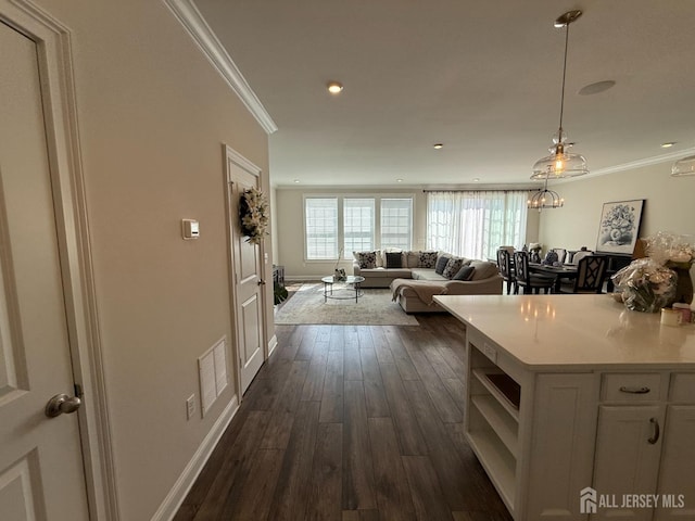 3504 Charleston Dr, Monroe, NJ 08831 - kitchen featuring crown molding, dark wood-style floors, light countertops, white cabinetry, and open shelves