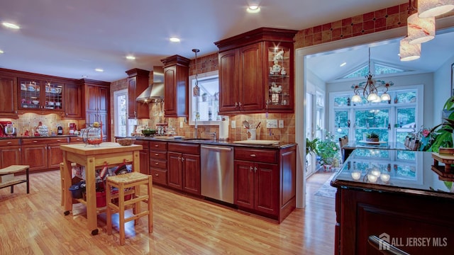 3 Feathertree Ct, Howell, NJ 07731 - kitchen featuring stainless steel dishwasher, wall chimney exhaust hood, dark countertops, healthy amount of natural light, and recessed lighting