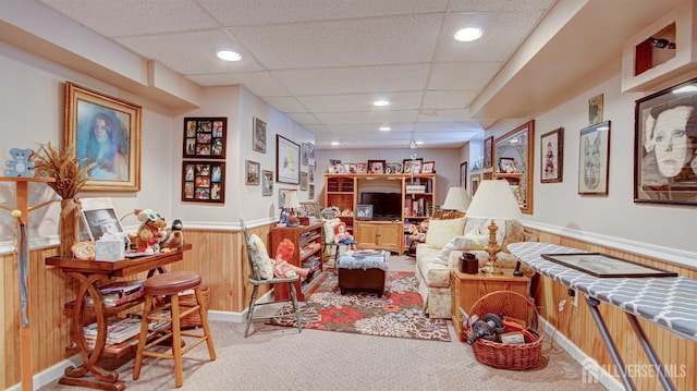 3 Feathertree Ct, Howell, NJ 07731 - carpeted living room featuring a wainscoted wall, a paneled ceiling, wood walls, and recessed lighting