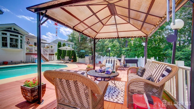3 Feathertree Ct, Howell, NJ 07731 - wooden terrace with an outdoor pool, a gazebo, and outdoor dining space