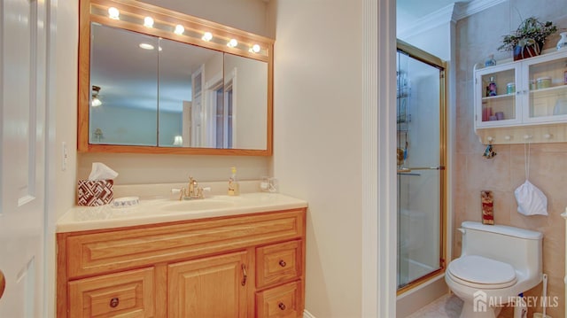 3 Feathertree Ct, Howell, NJ 07731 - full bathroom with vanity, a stall shower, and ornamental molding