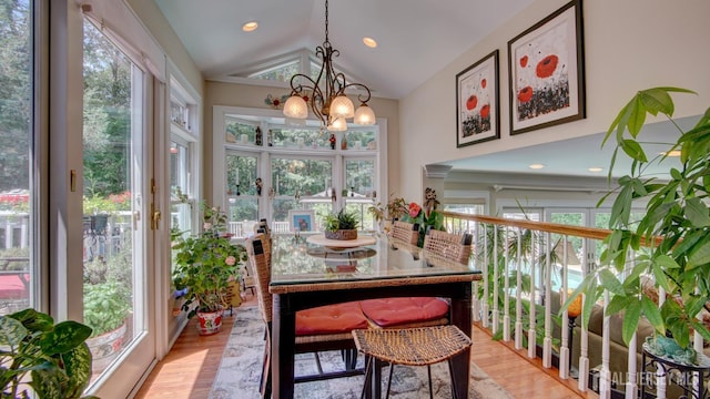 3 Feathertree Ct, Howell, NJ 07731 - sunroom / solarium featuring a chandelier, vaulted ceiling, and healthy amount of natural light