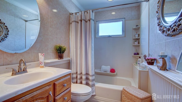 3 Feathertree Ct, Howell, NJ 07731 - bathroom featuring shower / bathtub combination with curtain, crown molding, vanity, and tile walls
