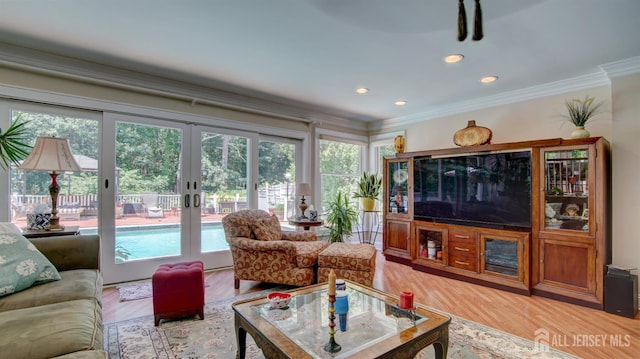 3 Feathertree Ct, Howell, NJ 07731 - living area featuring ornamental molding, french doors, light wood-type flooring, and recessed lighting