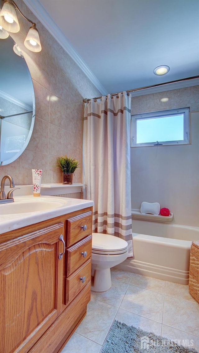 3 Feathertree Ct, Howell, NJ 07731 - full bathroom with vanity, shower / tub combo with curtain, crown molding, and tile patterned floors