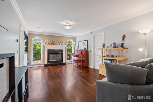6 Schindler Ct, East Brunswick, NJ 08816 - living room with dark wood finished floors, a glass covered fireplace, ornamental molding, and recessed lighting