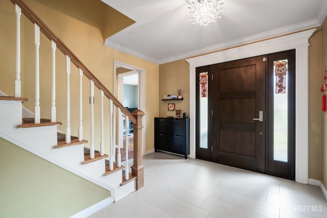 6 Schindler Ct, East Brunswick, NJ 08816 - foyer featuring stairway, a chandelier, crown molding, and tile patterned floors