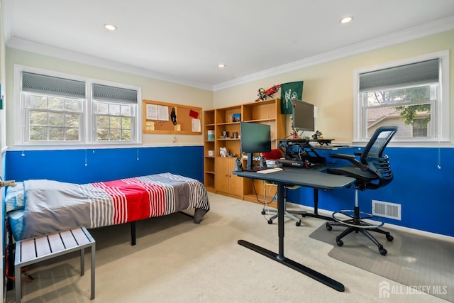6 Schindler Ct, East Brunswick, NJ 08816 - bedroom with multiple windows, carpet, ornamental molding, an office area, and recessed lighting