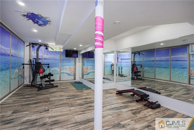 exercise room featuring a wall of windows, wood finished floors, and recessed lighting