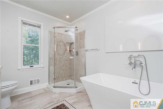 full bath with ornamental molding, visible vents, a shower stall, and baseboards