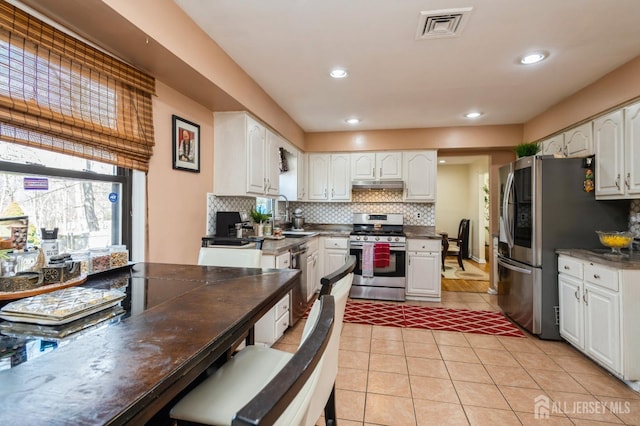 kitchen featuring stainless steel appliances, white cabinetry, visible vents, and under cabinet range hood