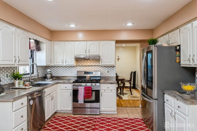 kitchen featuring stainless steel appliances, tasteful backsplash, under cabinet range hood, white cabinetry, and a sink
