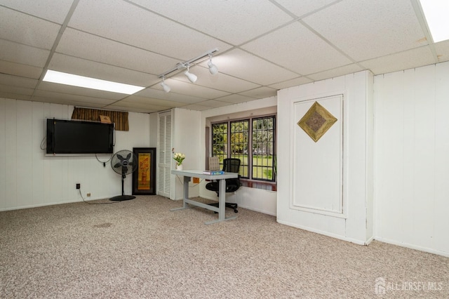 below grade area featuring carpet floors and a paneled ceiling
