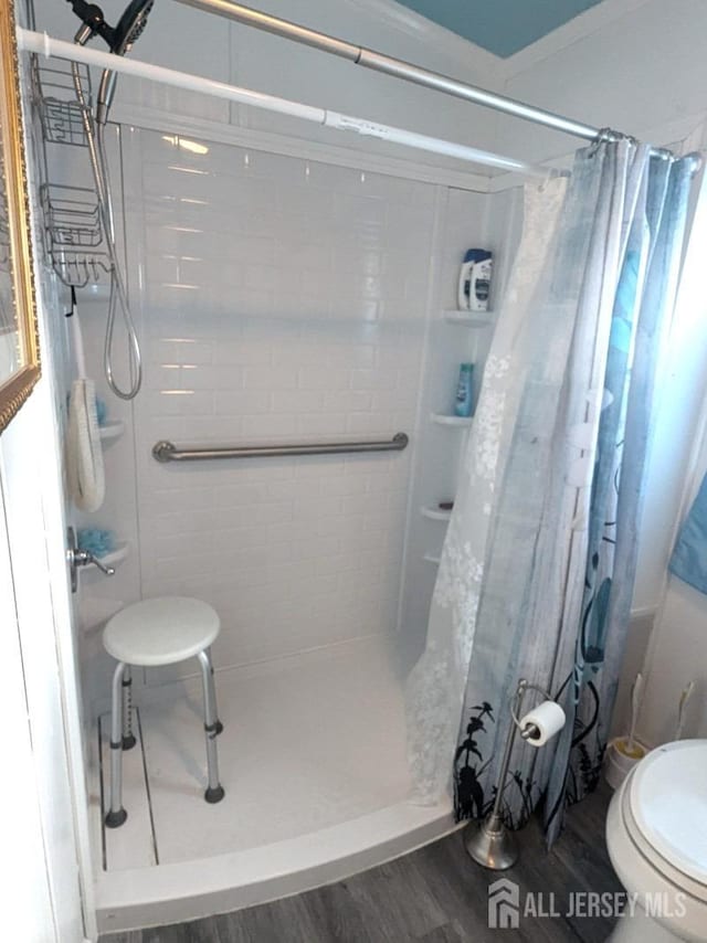 bathroom with a shower with curtain, toilet, and hardwood / wood-style floors