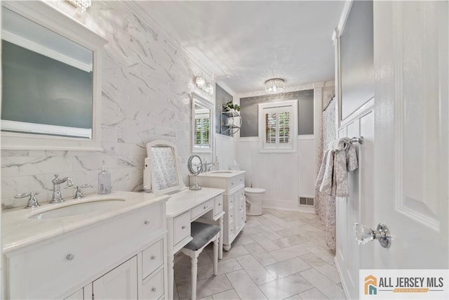 43 S Brook Dr, Milltown, NJ 08850 - bathroom featuring vanity, marble finish flooring, crown molding, and a shower with shower curtain
