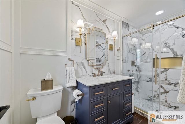 43 S Brook Dr, Milltown, NJ 08850 - full bath featuring vanity, a marble finish shower, and wood finished floors