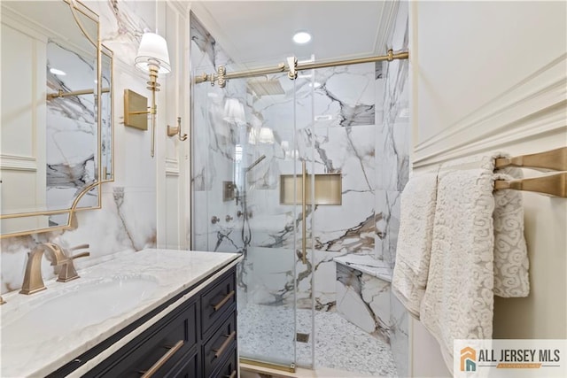 43 S Brook Dr, Milltown, NJ 08850 - bathroom featuring vanity and a marble finish shower
