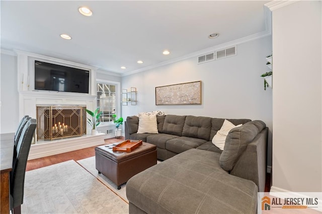 43 S Brook Dr, Milltown, NJ 08850 - living area featuring ornamental molding, a premium fireplace, recessed lighting, and wood finished floors