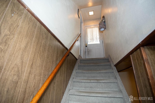 staircase featuring wood walls