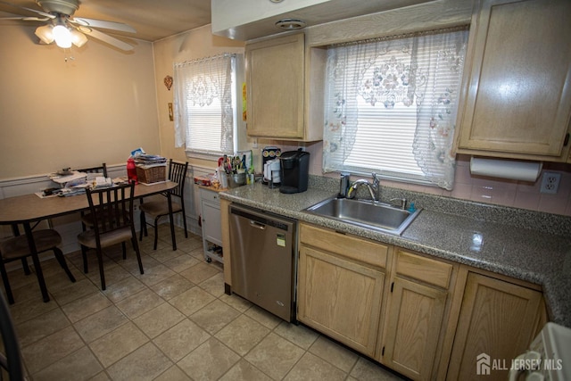 kitchen featuring ceiling fan, dishwasher, sink, and a wealth of natural light