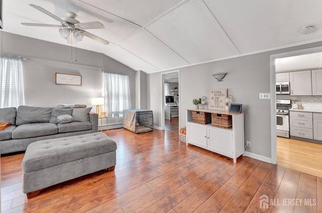 220 Birchwood Dr, Old Bridge, NJ 07735 - living room with vaulted ceiling, ceiling fan, light wood finished floors, and baseboard heating