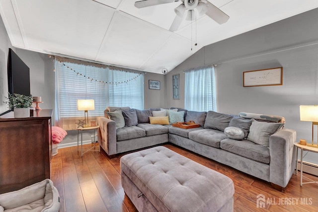 220 Birchwood Dr, Old Bridge, NJ 07735 - living area featuring plenty of natural light, hardwood / wood-style floors, ceiling fan, and lofted ceiling