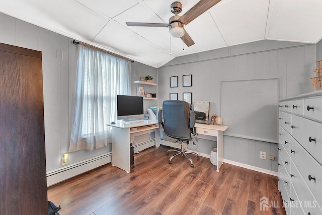 220 Birchwood Dr, Old Bridge, NJ 07735 - office space featuring baseboard heating, a ceiling fan, lofted ceiling, and dark wood-type flooring