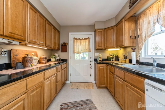 245 S Madison Ave S, Dunellen, NJ 08812 - kitchen featuring white dishwasher, dark countertops, brown cabinets, and light flooring