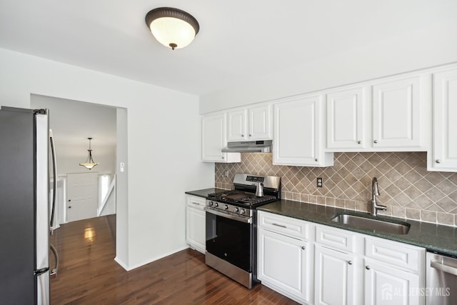 2 Honey Locust Ln, Howell, NJ 07731 - kitchen featuring appliances with stainless steel finishes, under cabinet range hood, dark wood-type flooring, decorative backsplash, and white cabinets