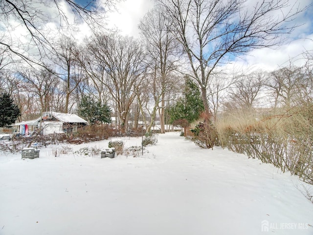 view of yard layered in snow