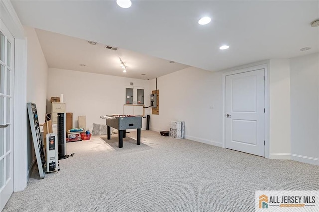 recreation room with electric panel and carpet