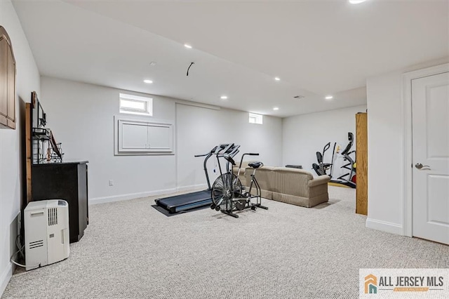 workout area with light colored carpet