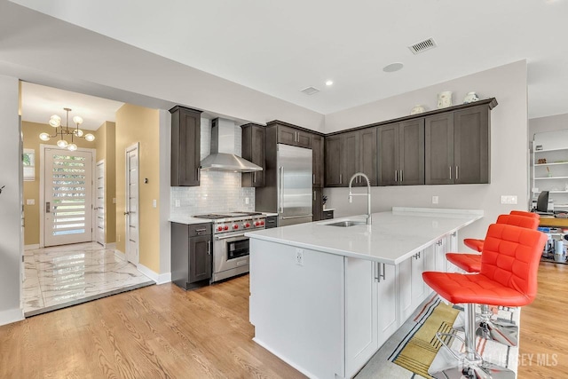 kitchen featuring sink, wall chimney range hood, premium appliances, a kitchen breakfast bar, and light hardwood / wood-style flooring