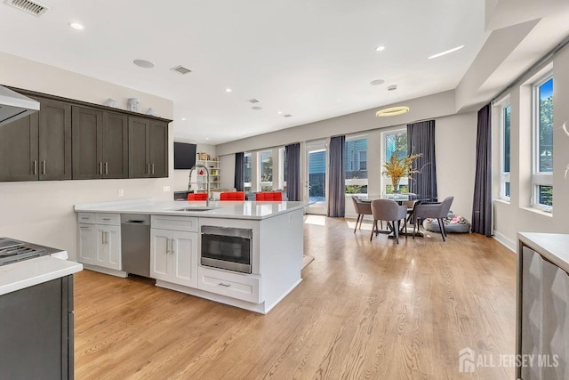 kitchen with light wood-type flooring, sink, white cabinetry, appliances with stainless steel finishes, and dark brown cabinetry