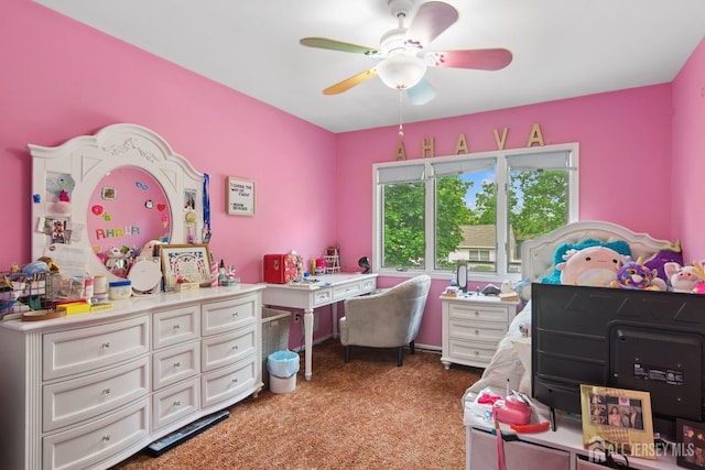 carpeted bedroom with ceiling fan