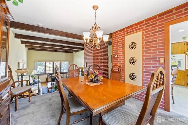 dining space featuring beam ceiling, light colored carpet, and a chandelier