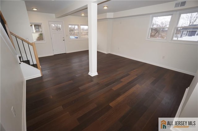 15 Wedgewood Ave, Woodbridge Proper, NJ 07095 - basement with baseboards, stairway, visible vents, and dark wood-style floors