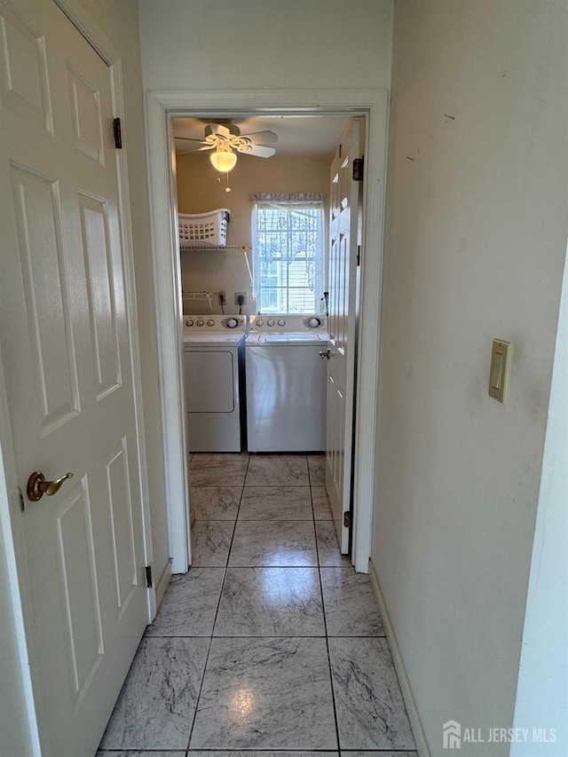 93 Mansfield Ave, Manchester, NJ 08579 - laundry room featuring separate washer and dryer, light marble finish flooring, and ceiling fan