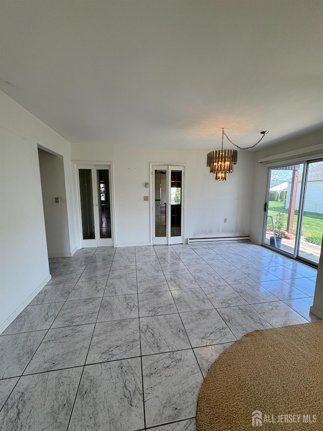 93 Mansfield Ave, Manchester, NJ 08579 - empty room featuring a chandelier, light marble finish flooring, plenty of natural light, and a baseboard heating unit