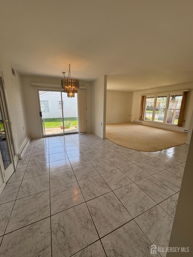 93 Mansfield Ave, Manchester, NJ 08579 - unfurnished room featuring healthy amount of natural light, a chandelier, light marble finish flooring, and a baseboard heating unit