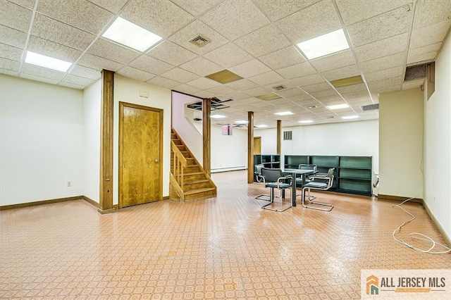 interior space with tile patterned floors, stairway, baseboards, and visible vents