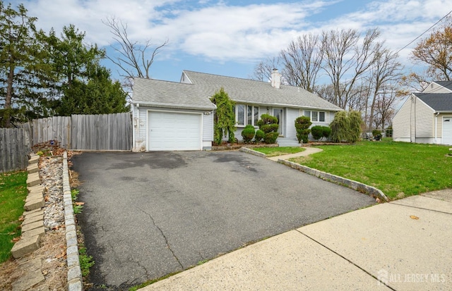 ranch-style home with a chimney, fence, an attached garage, a front yard, and aphalt driveway