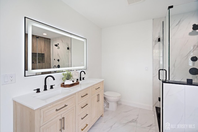 695 Inman Ave, Colonia, NJ 07067 - full bathroom with a marble finish shower, double vanity, and marble look tile flooring